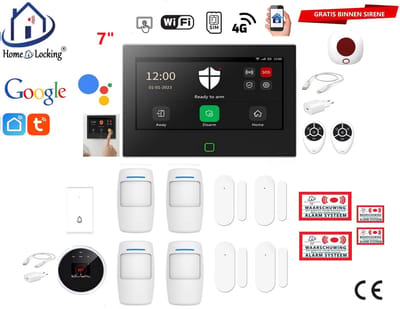 Draadloos / bedraad alarmsysteem met 7-inch touchscreen voor woning/camper/boot/caravan werkt met wifi en sim kaart en met spraakgestuurde apps. (Nederlands of Frans stem en tekst). ST01B-23