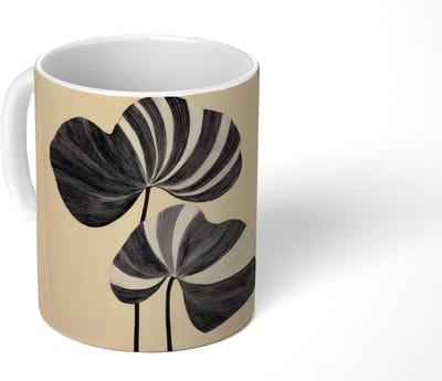 Mok - Koffiemok - Zwart - Bladeren - Strepen - Minimalistisch - Mokken - 350 ML - Beker - Koffiemokken - Theemok
