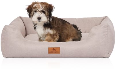 Knuffelwuff Hondenbed Emma van velours met handgeweven karakter in pastelkleuren M-L 85 x 63cm beige