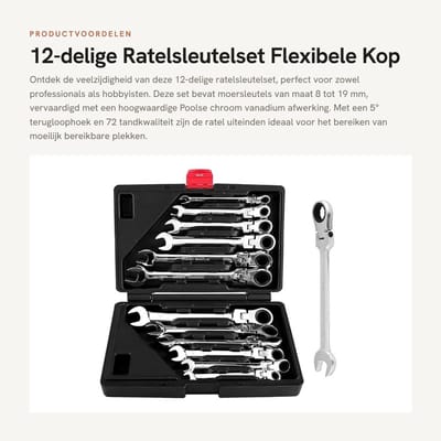Dailygoods- Ratelsleutel 12-delig - Flexibele Kop - Steeksleutel - Ringsteeksleutel - Gereedschapskoffer - 72 Tandkwaliteit - Moersleutel