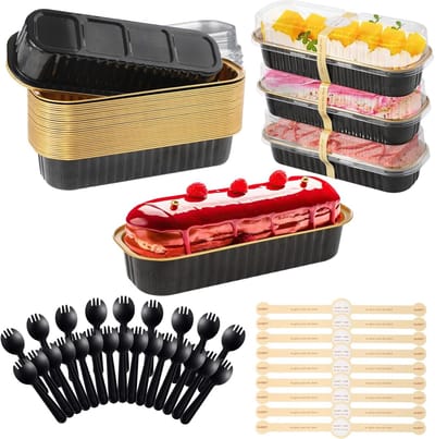 Famanu - 30 Kleine Brood en Taartvormpjes Met Deksels en Lepels 200Ml Rechthoekige Bakvormpjes Van Aluminiumfolie Herbruikbare Cupcakevormpjes Broodvormpjes Voor Taart Bruiloft Verjaardag Zwart