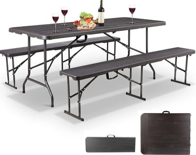 MaxxGarden Vouwtafel - inklapbare picknickset - inklapbare tafel- Plooitafel - 2 zitbanken - Rotan look - zwart