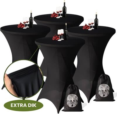 Statafelrok Zwart x 4 – ∅80-85 x 110 cm inclusief Opbergtas – 4 Stuks Statafelhoes Stretch Stof – Kras- en Vouwvrije Tafelhoezen Extra Dik – Sta Tafelrok – Statafelhoezen Voor Horeca, Evenementen, Feest, Bruiloft en Partijen