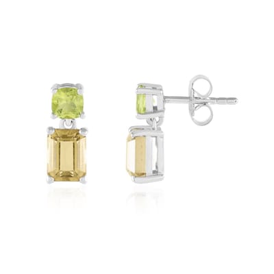 Cavill - Oorbellen 925 Sterling Zilver Gerhodineerd - Champagnekwarts 1,88 ct Achthoek - Peridoot 0,61 ct Kussen - Modern 15 mm