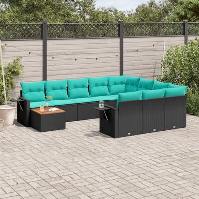 vidaXL - 11-delige - tuinbankset - met - kussens, - zwart - polyrotan