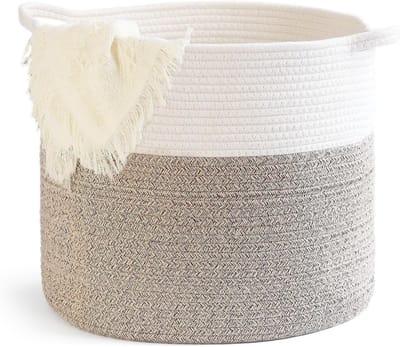 Ronde Geweven Katoenen Mand Met Handvat 9.5x9.5x7.1 inch Leuke Kwekerij Plank Opbergmand Stikken Bruin Beige Gemengde Ontwerp Stijl 8.2L
