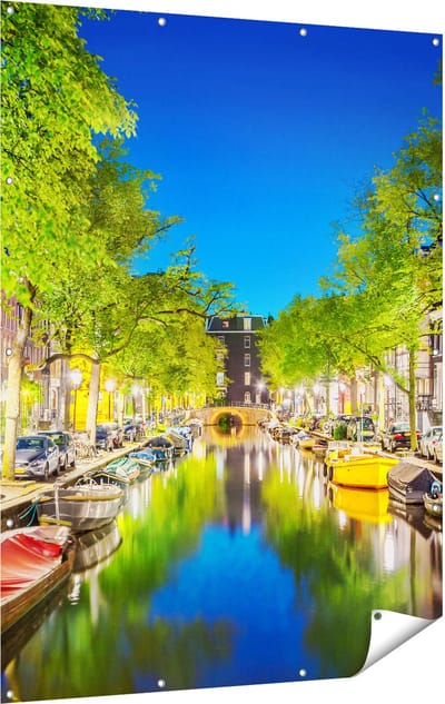 Gards Tuinposter Amsterdamse Gracht in de Nacht - 120x160 cm - Tuindoek - Tuindecoratie - Wanddecoratie buiten - Tuinschilderij