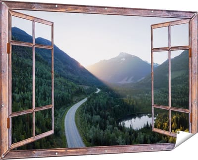 Gards Tuinposter Doorkijk Weg Door het Bergen Landschap - 180x120 cm - Tuindoek - Tuindecoratie - Wanddecoratie buiten - Tuinschilderij