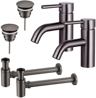FugaFlow Eccelente Sobrado Badkamer Wastafelkraanset - voor dubbele wastafel - lage wastafelkraan - always open plug - verlaagde design sifon - PVD Gepolijst Gunmetal