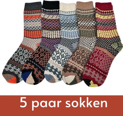 5 paar Warme Sokken met Wol - maat 35-39 - Kleurig Noors Design - Hyggy/Huissokken/Wandelsokken