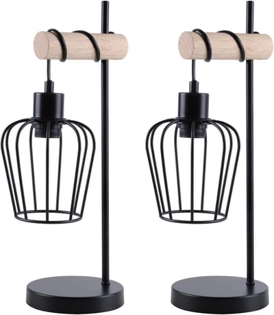 Glitzerlife - Vintage Industrieel Hout -2 Stuks Tafellamp - Zwart Metaal - 1-lichts Schemerlampje Slaapkamer met E27 Fitting - Retro Design - Voor Woonkamer, Slaapkamer, Hotel - Exclusief lamp