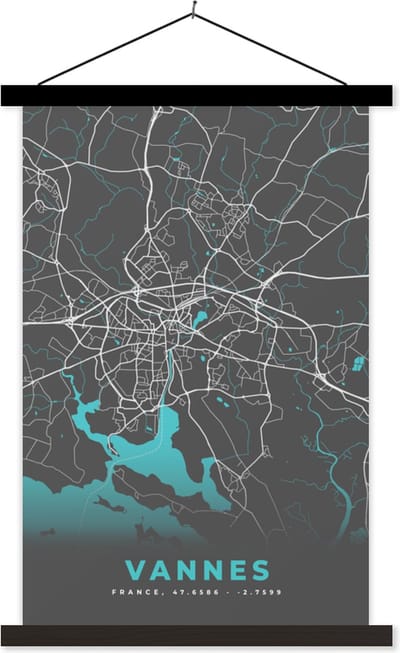 Posterhanger incl. Poster 40x60 cm - Schoolplaat - Plattegrond - Kaart - Stadskaart - Vannes - Frankrijk - Textielposter - Zwarte latten - Stadskaart