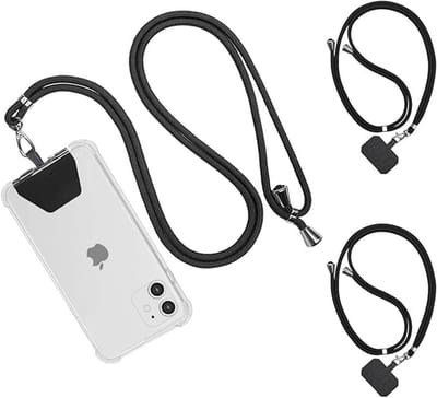 Crossbody telefoonkoord riem met patch 3 stuks, verstelbare nylon nekband ketting telefoon sleutelkoord crossbody compatibel met iPhone, Samsung, Huawei, alle smartphones - zwart