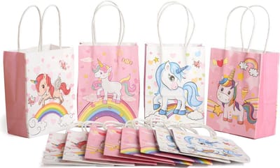 12 STUKS MIX Unicorns Eenhoorn Traktatie Uitdeel papieren zakjes met handvat - Traktaitezakjes voor uitdeelcadeautjes