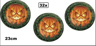 32x Bord Scary pompoen 23 cm karton oranje/groen - Halloween creepy scary pompoenen thema feest evenement festival