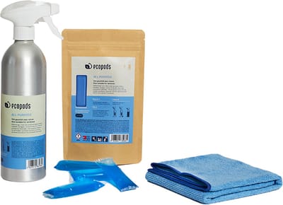 Ecopods Allesreiniger Startersset Compleet - 4 Navullingen - Aluminium Fles inclusief pod - Microvezeldoek - Krachtige Zero-Waste - Alles reiniger voordeelverpakking