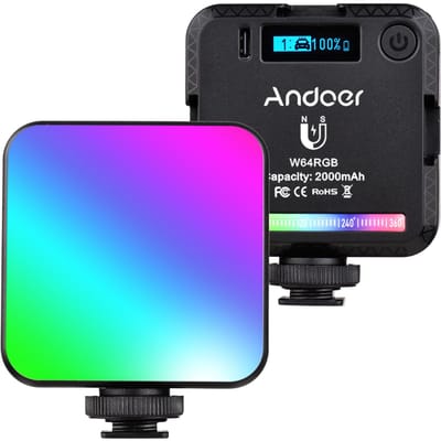 Andoer W64RGB Mini RGB LED Videolamp Oplaadbare Fotografie Invullamp CRI95+ 2500K-9000K zwart