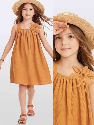 Denokids CFF-26Y1-039 Mosterdgele meisjesjurk met 3D-bloemenpirnt 110