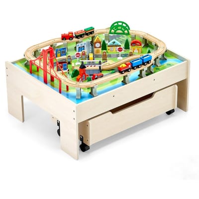Trein Tafel 100 STuks Houten Kinder Activiteitentafel met Uitschuifbare Opberglade
