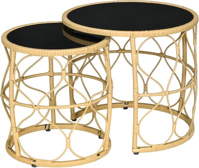 Tuintafel - Tuintafel Rond - Bijzettafeltje - Set van 2 - Rattenbijzettafel - Bistrotafel, Salontafel - met Glazen Tafelblad - Boho-Stijl - voor Terras - Tuin - Φ55 x 51 cm & Φ43 x 47 cm - Khaki/Zwart