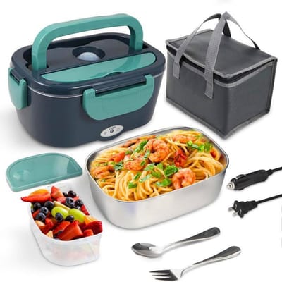 GELLDG Elektrisch verwarmde lunchbox – Draagbare voedselverwarmer – Grote inhoud – 3-in-1 lunchbox – Inclusief vork/lepel en draagtas – Geschikt voor auto, vrachtwagen, kantoor en thuis – 1,5 liter