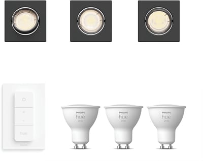 Philips Hue Peridot Set van 3 Inbouwspots (Zwart) - Vierkant - Richtbaar - GU10 - Warmwit Licht - Incl. Hue Dimmer Switch - Hue White