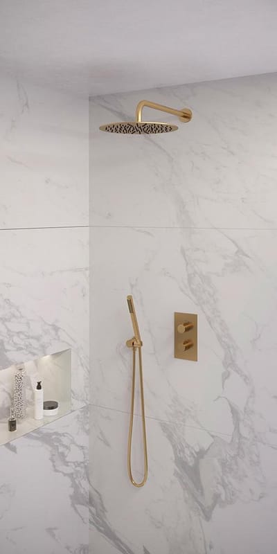 Brauer Gold Edition thermostatische inbouw regendouche 3-weg omstelling SET 28 met 30 cm douchekop en gebogen muurarm en staaf handdouche en doucheslang en wandaansluitbocht goud geborsteld PVD