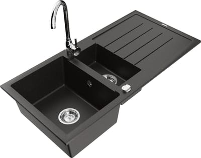 Mexen Andres granieten spoelbak 1,5-kuip met afdruiprek en Telma keukenkraan, zwart/goud - 6515-75-670200-00