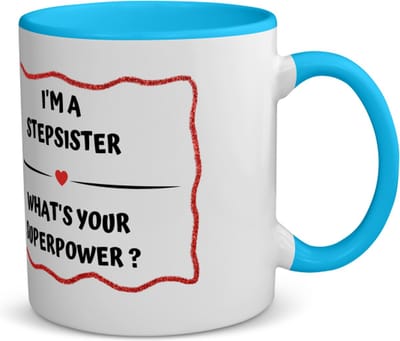 Akyol - i'm a stepsister what's your superpower? koffiemok - theemok - blauw - Zus - super stiefzus - verjaardag - cadeautje voor zus - zus artikelen - kado - geschenk - 350 ML inhoud