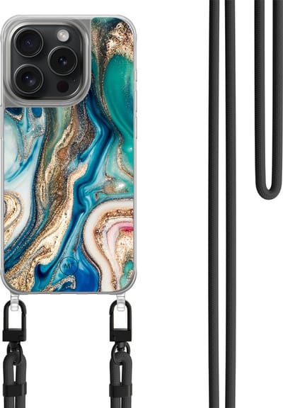 Hoesje met koord geschikt voor iPhone 14 Pro - Magic marble - Inclusief zwart koord - Crossbody beschermhoes - Transparant, Multi - Mooie Telefoonhoesjes