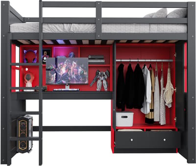 Sweiko Hoogslaper - 90 x 200 cm - LED-verlichting - Met bureau - Kledingkast - Lades - Kinderbed - Zwart + Rood