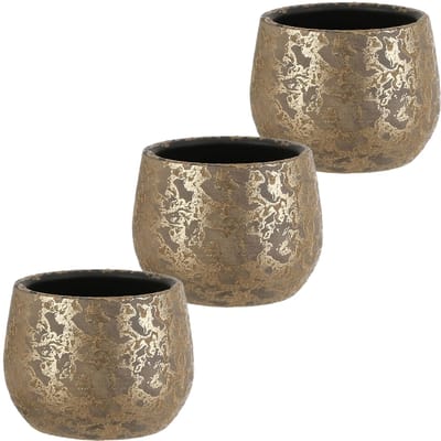 Mica Decorations Bloempot - Set van 3x stuks - goudkleurig - keramiek - 16 x 13 cm - plantenpotten