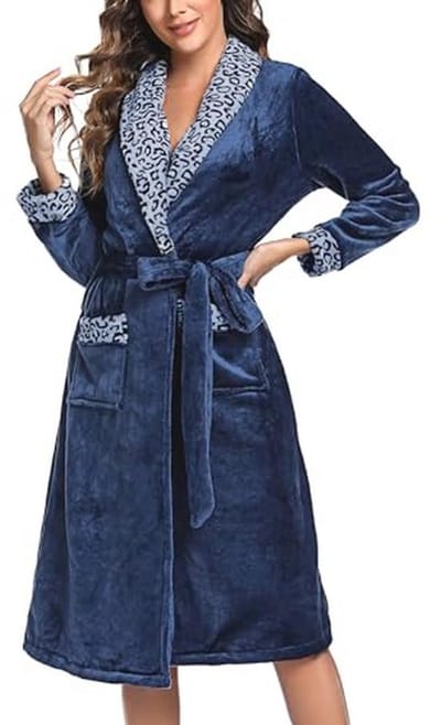 Dames Lange Mouwen Fleece Badjas met Luipaardpatroon en Sjaalkraag - Fluffy Kimono Met Zakken