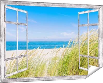 Gards Tuinposter Doorkijk Strand en Zee met een Zeilboot - 150x100 cm - Tuindoek - Tuindecoratie - Wanddecoratie buiten - Tuinschilderij