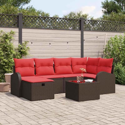 vidaXL - Bankstel - met - kussen - met - opslag - Bruin - en - Rood - poly - rattan