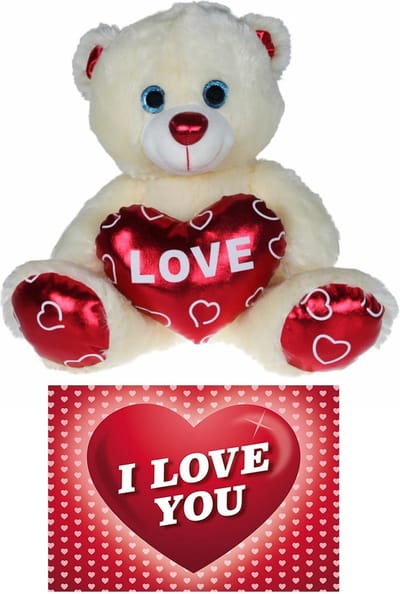 Kruger Pluche knuffelbeer - 30 cm - wit/rood - Valentijn Love hartje - hartjes wenskaart