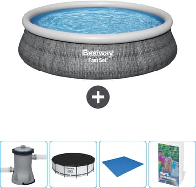 Bestway Rond Opblaasbaar Fast Set Zwembad - Rotanprint - 457 x 84 cm - Inclusief Pomp Afdekzeil - Grondzeil - Zwembadgids