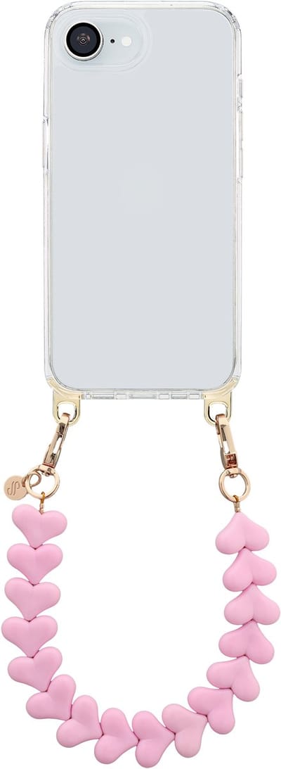 Selencia Transparant Hoesje met Haakjes inclusief Hartjes Polskoord - Geschikt voor Apple iPhone 17e / 16e - Cotton Candy