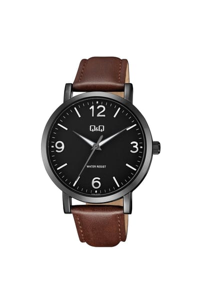 Q&Q Q10A-007PY - Horloge - Analoog - Heren - Mannen - Leren band - Rond - Metaal - Bruin - Zwart