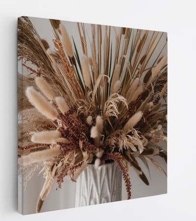 Saammp Canvas Schilderij - Gedroogde Plantenboeket - Natuur - Abstract - 20x20 - Foto op canvas - Wanddecoratie - Muurdecoratie Woonkamer - Kantoor Decoratie