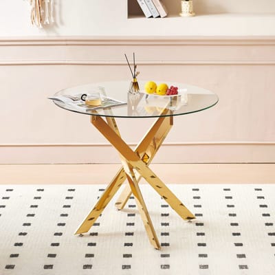 DESMIU Eettafel - Ronde Glazen Tafel Met Metalen Poten - Modern Voor Keuken En Woonkamer - Glas En Metaal - Goud - 80x80x75 Cm