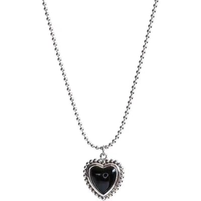 S925 Sterling Zilver Retro Niche Design Zwarte Agaat Liefde Hart Ronde Kralen Ketting Dames 40cm zwart