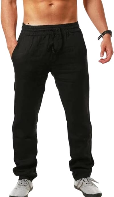 Heren Katoen-Linnen Broek – Casual Losse Zomerbroek met Elastische Taille, Ademende Vrijetijdsbroek, Streetwear Broek voor Lente, Zomer en Herfst, Comfortabele Heren Broek Los Model - Zwart - Maat M