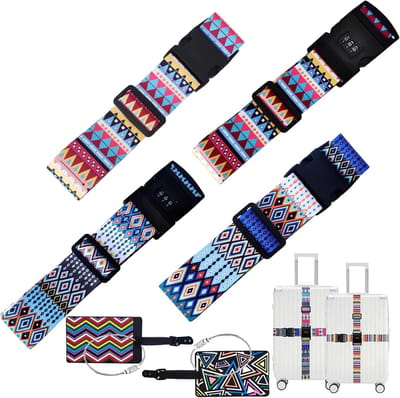 Thijox - Boheemse bagageriemen in etnische stijl met combinatieslot, 4 stuks verstelbare antislip kofferriemen met 2 bagagelabels voor koffers 18-32 i