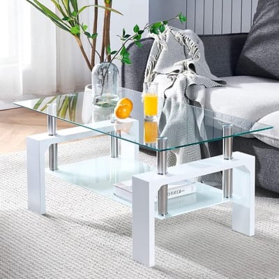Rectangular Coffee Table for Living Room, Glass Coffee Table for Waiting Room, Modern Coffee Table with Wooden Leg, Rectangular Table with Bottom Shelf, White