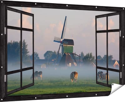 Gards Tuinposter Doorkijk Landschap met Koeien - 180x120 cm - Tuindoek - Tuindecoratie - Wanddecoratie buiten - Tuinschilderij