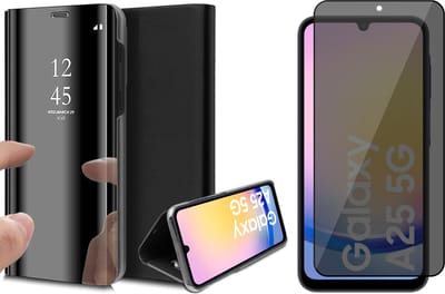 Hoesje geschikt voor Samsung Galaxy A25 / A24 - Privacy Screenprotector Volledig Dekkend Glas - Spiegel Book Case Zwart