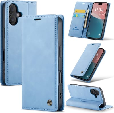 Casemania Hoesje Geschikt voor Apple iPhone 16 Plus - Sky Blue - Dunne Portemonnee Book Case - Slim Wallet Case met Pasjeshouder