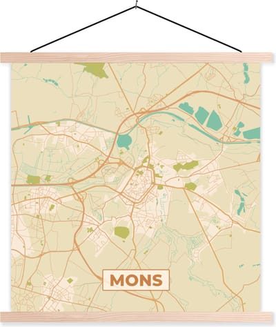 Posterhanger incl. Poster 40x40 cm - Schoolplaat - Stadskaart - België - Mons - Kaart - Plattegrond - Textielposter - Blanke latten - Stadskaart