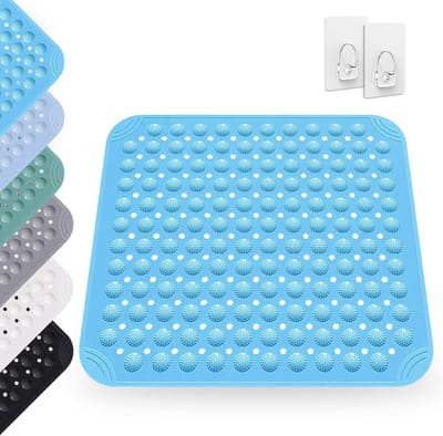 Douchemat, 48 x 48 cm, vierkante douchemat met zuignap, antislip massagemat met 2 haken, antislip badmat, machinewasbaar, voor douche en sauna, zeeblauw